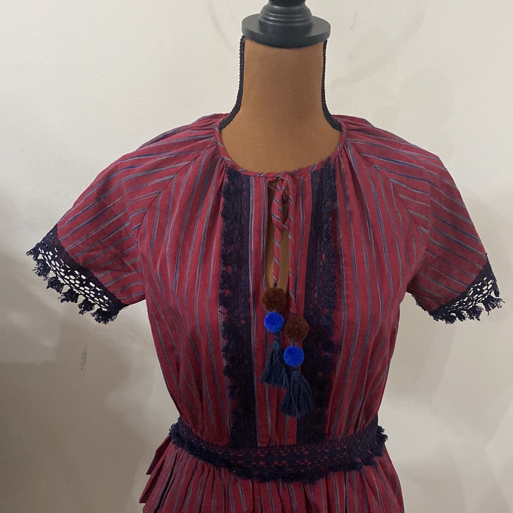 Sea New York boho peasant ruffled pom-Pom tassel tie  lace trim burgundy size 0 - Picture 5 of 12